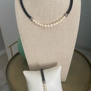 Leather and pearl necklace/bracelet set